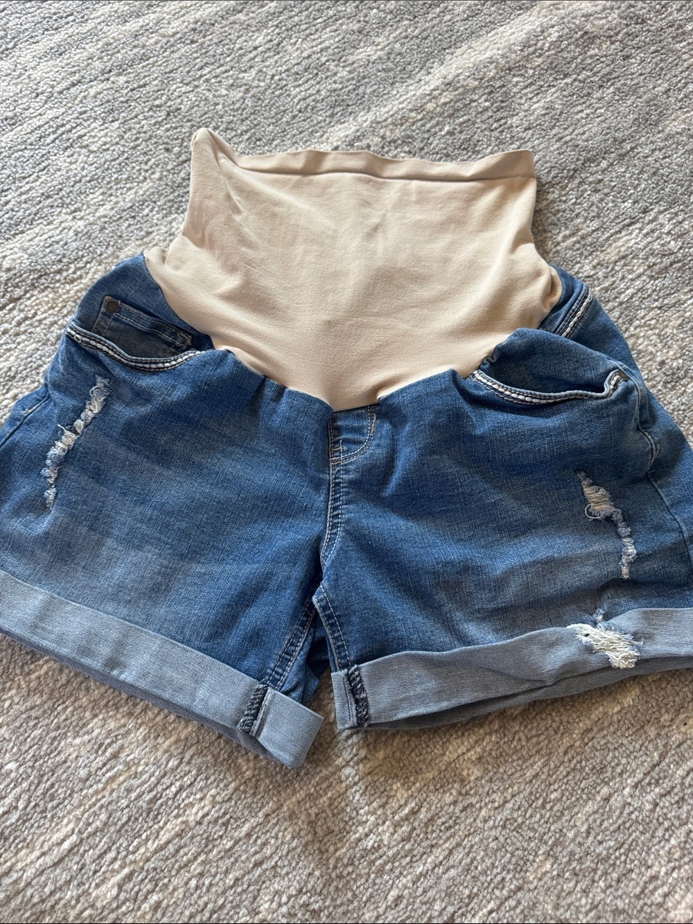 Indigo Blue Denim Maternity Jean Shorts with Beige Waistband